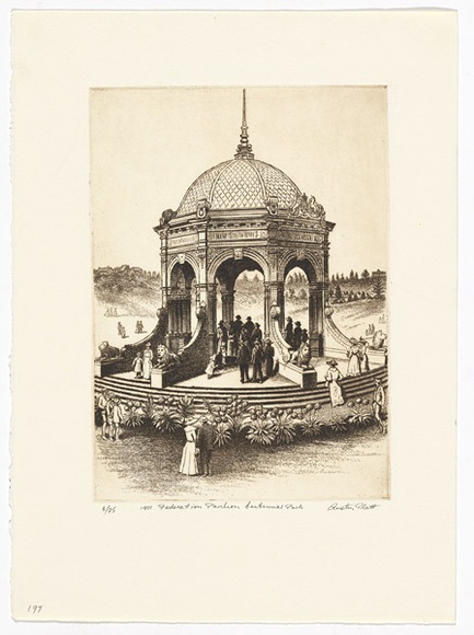 Artist: b'PLATT, Austin' | Title: b'1901 Federation Pavilion, Centennial Park, Sydney' | Date: c.1987 | Technique: b'etching, printed in black ink, from one plate'