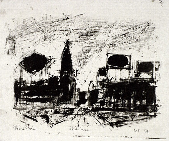 Artist: b'Grieve, Robert.' | Title: b'Street scene' | Date: 1957 | Technique: b'lithograph, printed in black ink, from one stone'