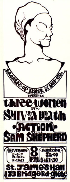 Artist: b'MORGAN, Alec' | Title: b'Theatre of Light & Air Co presents Three women by Sylvia Plath; Action by Sam Shepherd.' | Date: 1976 | Technique: b'screenprint, printed in black ink, from one stencil'