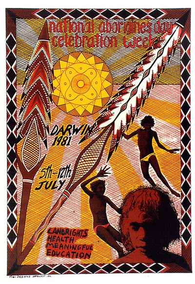 Artist: b'McMahon, Marie.' | Title: b'National Aborigines Day Celebration Week' | Date: 1981 | Technique: b'screenprint, printed in colour, from multiple stencils' | Copyright: b'\xc2\xa9 Marie McMahon. Licensed by VISCOPY, Australia'