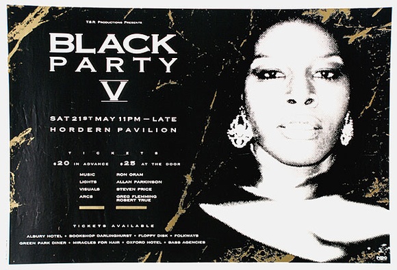 Title: b'Black Party V. Hordern Pavilion' | Date: 1989 | Technique: b'screenprint, printed in black and gold ink, from two stencils'