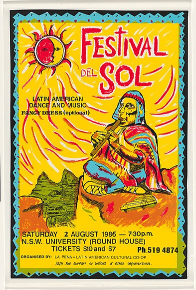 Artist: b'LA PENA' | Title: b'Festival del sol - Latin American Dance and Music. [1986]' | Date: 1986 | Technique: b'screenprint, printed in colour, from four stencils'