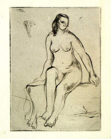 Artist: b'Brash, Barbara.' | Title: b'(Seated nude).' | Date: 1950s | Technique: b'drypoint printed with plate-tone in brown ink'