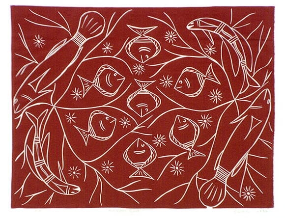 Artist: b'Marika, Banduk.' | Title: b'Munukpuy Guya' | Date: 1985 | Technique: b'linocut, printed in red ink, from one block'