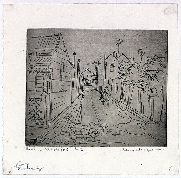 Artist: b'MACQUEEN, Mary' | Title: b'Lane in Abbotsford' | Date: c.1958 | Technique: b'etching, printed in brown ink with plate-tone from one plate' | Copyright: b'Courtesy Paulette Calhoun, for the estate of Mary Macqueen'