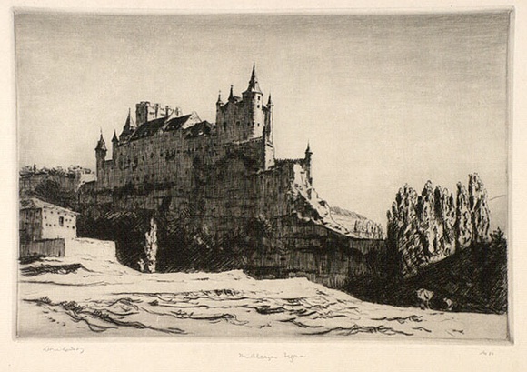 Artist: b'LINDSAY, Lionel' | Title: b'The Alcazar, Segovia' | Date: 1926 | Technique: b'drypoint, printed in black ink with plate-tone, from one plate' | Copyright: b'Courtesy of the National Library of Australia'