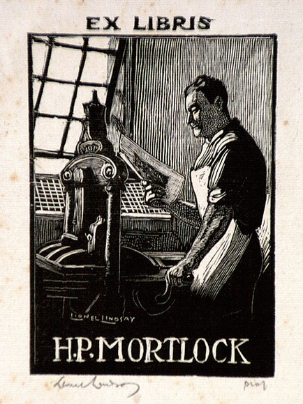 Artist: b'LINDSAY, Lionel' | Title: b'Bookplate: H.P. Mortlock' | Date: 1950 | Technique: b'wood-engraving, printed in black ink, from one block' | Copyright: b'Courtesy of the National Library of Australia'