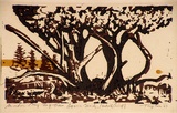 Artist: Taylor, John H. | Title: Moreton Bay figs, Avoca Beach | Date: 1967 | Technique: linocut, printed in colour, from two blocks