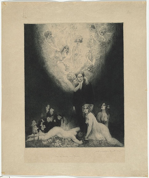 Artist: b'LINDSAY, Norman' | Title: b'The C sharp minor quartet.' | Date: 1927 | Technique: b'etching, engraving and stipple, printed in blue-green ink, from one copper plate'