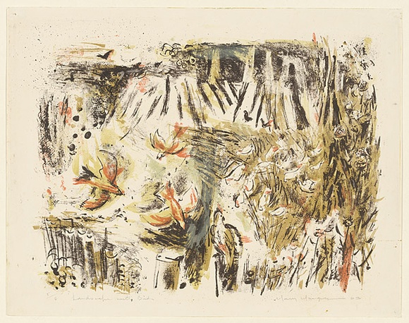 Artist: b'MACQUEEN, Mary' | Title: b'Landscape with birds' | Date: 1963 | Technique: b'lithograph, printed in colour, from multiple plates' | Copyright: b'Courtesy Paulette Calhoun, for the estate of Mary Macqueen'