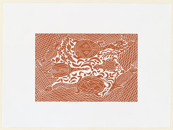 Artist: b'Wilfred, Rex.' | Title: b'Turtle and fish' | Date: c.2001 | Technique: b'linocut, printed in brown ink, from one block'