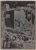 Artist: Rees, Ann Gillmore. | Title: not titled [Street scene, washing drying] | Date: c.1942 | Technique: engraved woodblock