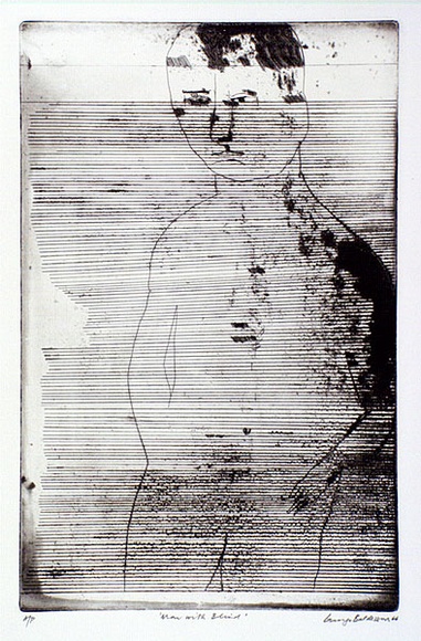 Artist: b'BALDESSIN, George' | Title: b'Man with blind.' | Date: 1966 | Technique: b'etching and aquatint, printed in black ink, from one plate'
