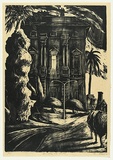 Artist: AMOR, Rick | Title: Building at night. | Date: 1990 | Technique: woodcut, printed in black ink, from one block
