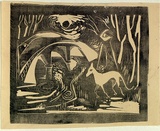 Artist: b'French, Len.' | Title: b'(Dog by the stream).' | Date: (1955) | Technique: b'linocut, printed in black ink, from one block' | Copyright: b'\xc2\xa9 Leonard French. Licensed by VISCOPY, Australia'