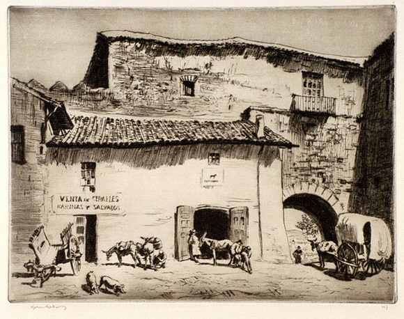 Artist: b'LINDSAY, Lionel' | Title: b'A smithy, Avila, Spain' | Date: 1926 | Technique: b'drypoint, printed in brown ink with plate-tone, from one plate' | Copyright: b'Courtesy of the National Library of Australia'