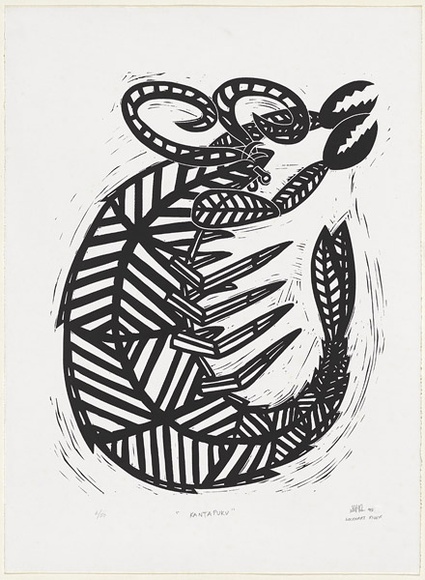 Artist: b'Hobson, Silas.' | Title: b'Kantapuku' | Date: 1998, April | Technique: b'linocut, printed in black ink, from one block'