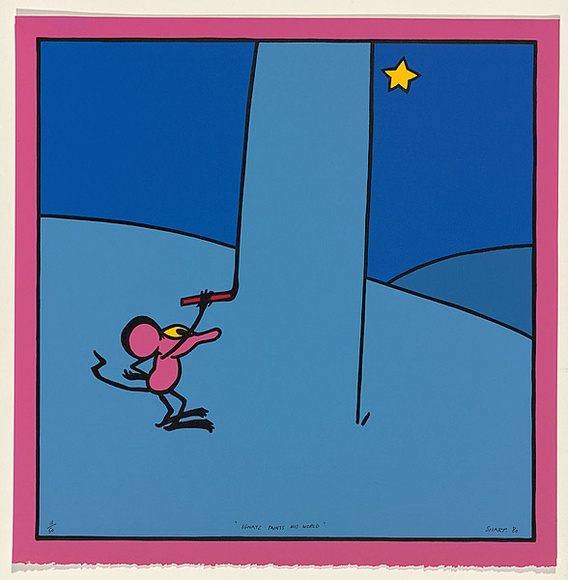 Artist: b'Sharp, Martin.' | Title: b'Ignatz paints his world.' | Date: 1980 | Technique: b'screenprint, printed in colour, from multiple stencils'