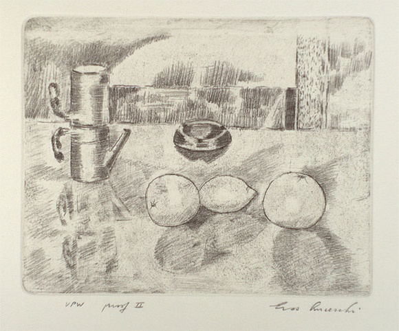 Artist: b'Anceschi, Eros.' | Title: b'not titled [still life; fruit, ashtray and coffee pot]' | Date: 1986, July | Technique: b'etching, printed in black ink, from one plate'