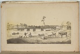 Artist: Ham Brothers. | Title: Bridge over the Yarra, Melbourne 1850. | Date: 1850 | Technique: lithograph, printed in colour, from two stones (black image, yellow tint)