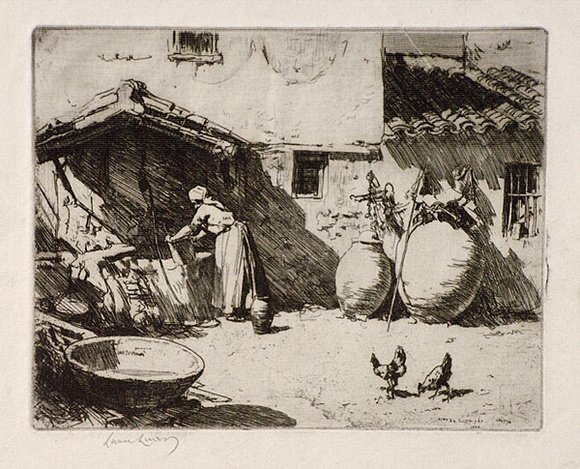 Artist: LINDSAY, Lionel | Title: A courtyard, New Castile | Date: 1926 | Technique: etching and aquatint, printed in black ink with plate-tone, from on plate | Copyright: Courtesy of the National Library of Australia