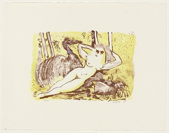 Artist: b'Pugh, Clifton.' | Title: b'Leda and the emu [2]' | Date: 1988, July | Technique: b'lithograph, printed in colour, from two stones; hand-coloured'