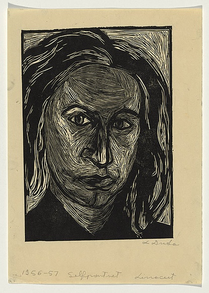 Artist: b'Groblicka, Lidia.' | Title: b'Self-portrait [1].' | Date: 1956-57 | Technique: b'linocut, printed in black ink, from one block'