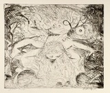 Artist: b'BOYD, Arthur' | Title: bNude washing in a creek with watching head and ram's head. | Date: (1962-63) | Technique: b'etching, printed in black ink, from one plate' | Copyright: b'Reproduced with permission of Bundanon Trust'