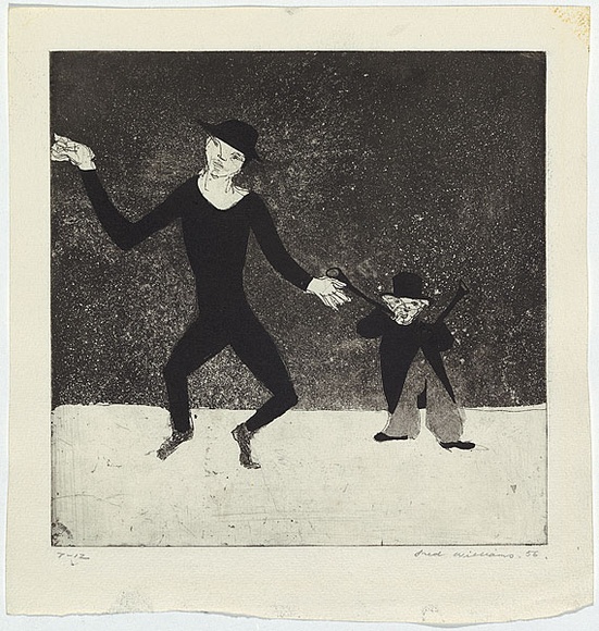 Artist: b'WILLIAMS, Fred' | Title: b'Dancing figures' | Date: 1954-55 | Technique: b'etching, engraving, drypoint and aquatint, printed in black ink, from one copper plate; with ink additions' | Copyright: b'\xc2\xa9 Fred Williams Estate'