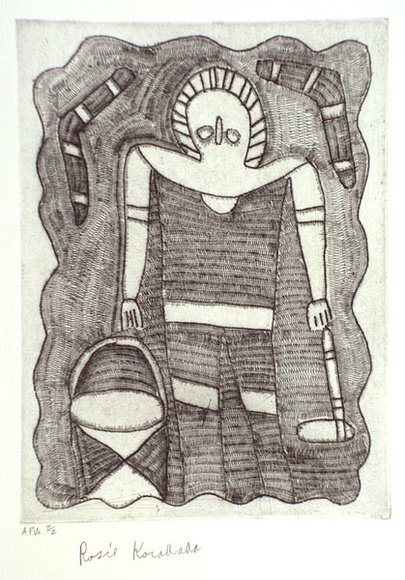 Artist: b'KARADADA, Rosie' | Title: b'not titled #5 [Wandjina with bush bucket and bush tomahawk]' | Date: 1995, proofed | Technique: b'etching, printed in black ink, from one plate'