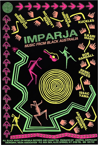 Artist: b'REDBACK GRAPHIX' | Title: b'Imparja music.' | Date: 1984 | Technique: b'screenprint, printed in colour, from five stencils' | Copyright: b'\xc2\xa9 Raymond John Young'