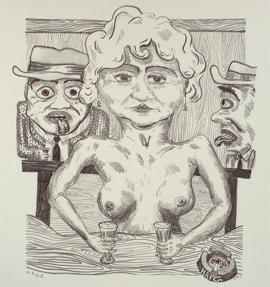 Artist: b'Hay, Bill.' | Title: b'not titled [topless barmaid and two men]' | Date: c.1990 | Technique: b'lithograph, printed in black ink, from one stone; hand-coloured'