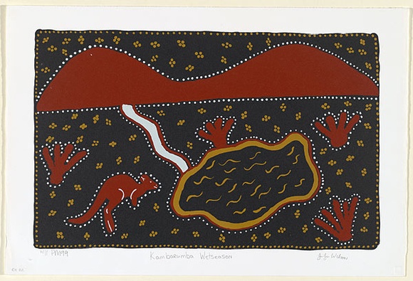 Artist: b'RED HAND PRINT' | Title: b'Kambarumba wet season' | Date: 1997, 11 August | Technique: b'screenprint, printed in colour, from multiple stencils'