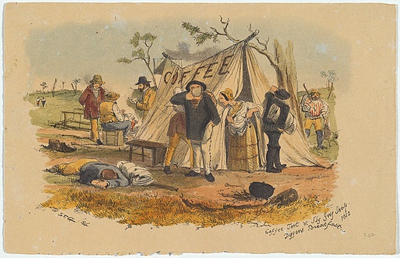 Artist: b'GILL, S.T.' | Title: b'Coffee tent and sly grog shop. Diggers breakfast 1852.' | Date: 1854 | Technique: b'lithograph, printed in black ink, from one stone; hand-coloured'