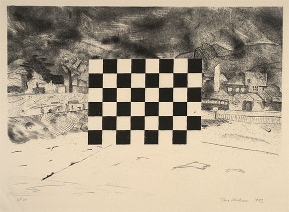 Artist: b'Juntunen, Timo.' | Title: b'not titled [black and white checker board in a street scene]' | Date: 1992 | Technique: b'lithograph, printed in black ink, from one stone'