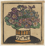 Artist: b'PRESTON, Margaret' | Title: b'Cinerarias' | Date: c.1927 | Technique: b'woodcut, printed in black ink, from one block; hand-coloured' | Copyright: b'\xc2\xa9 Margaret Preston. Licensed by VISCOPY, Australia'