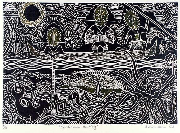 Artist: b'Robinson, Brian.' | Title: b'Traditional hunting' | Date: 1993 | Technique: b'linocut, printed in black ink, from one block; hand coloured a la coupe [wet on wet technique]'