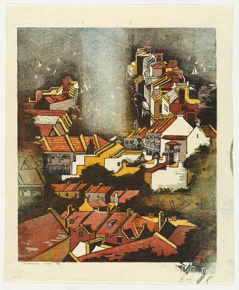 Artist: b'Thorpe, Lesbia.' | Title: b'A harbour view' | Date: 1980 | Technique: b'woodcut, printed in colour, from four blocks'