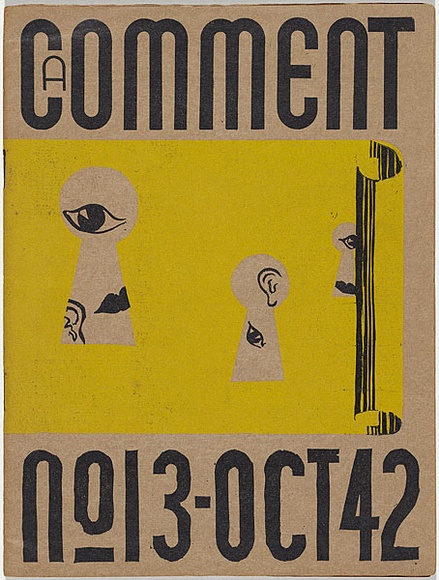 Artist: b'UNKNOWN, Artist' | Title: b'A Comment - no.13, October 1942' | Date: October 1942 | Technique: b'linocut, printed in yellow and black ink, from two blocks; letterpress text'