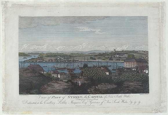 Title: bView of the Town of Sydney, the capital of New South Wales. Taken from Dawes's Point. | Date: 1812 | Technique: b'engraving, printed in black ink, from one copper plate; hand-coloured'