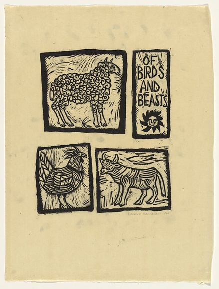 Artist: b'HANRAHAN, Barbara' | Title: b'Of birds and beasts' | Date: 1962 | Technique: b'linocut, printed in black ink, from four blocks'