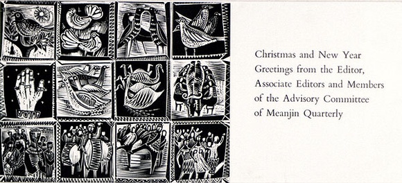 Artist: b'Adams, Tate.' | Title: b'Greeting card: Christmas and New Year, Greetings from Meanjin Quarterly.' | Date: 1962 | Technique: b'wood-engravings, lineblocks and letterpress, printed in black ink'