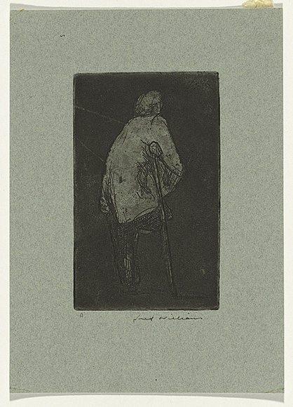 Artist: b'WILLIAMS, Fred' | Title: b'One legged man' | Date: 1954-55 | Technique: b'etching, deep etch, aquatint and engraving, printed in black ink, from one zinc plate' | Copyright: b'\xc2\xa9 Fred Williams Estate'