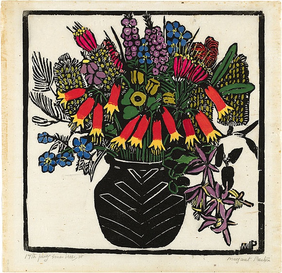 Artist: b'PRESTON, Margaret' | Title: b'Christmas bells' | Date: 1925 | Technique: b'woodcut, printed in black ink, from one block; hand-coloured' | Copyright: b'\xc2\xa9 Margaret Preston. Licensed by VISCOPY, Australia'