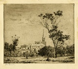 Artist: b'Farmer, John.' | Title: b'View from Yarra Park.' | Date: c.1956 | Technique: b'etching, printed in brown ink with plate-tone, from one plate'