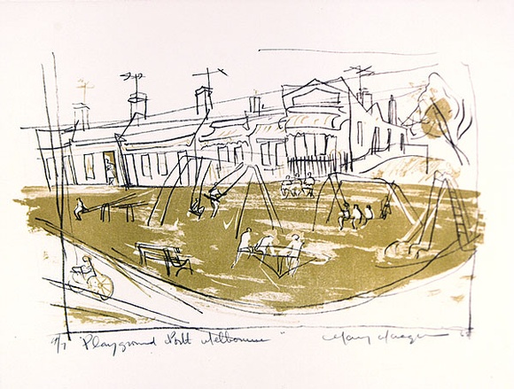 Artist: b'MACQUEEN, Mary' | Title: b'Playground, North Melbourne' | Date: 1965 | Technique: b'lithograph, printed in colour, printed in colour from two plates; in green and olive green ink' | Copyright: b'Courtesy Paulette Calhoun, for the estate of Mary Macqueen'