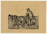 Artist: b'Groblicka, Lidia.' | Title: b'Goats, man and child' | Date: 1956-57 | Technique: b'woodcut, printed in black ink, from one block'