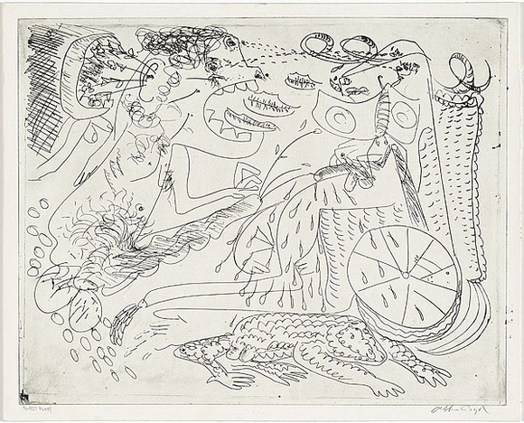 Artist: b'BOYD, Arthur' | Title: b'Beasts with wheelchair, ram, mouths and bouquet.' | Date: (1968-69) | Technique: b'etching, printed in black ink, from one plate' | Copyright: b'Reproduced with permission of Bundanon Trust'