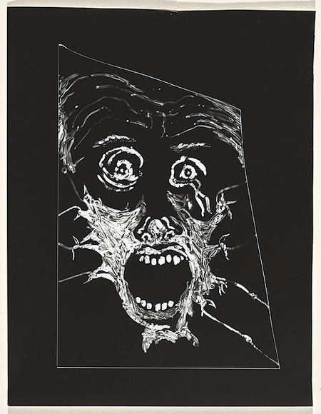 Title: b'not titled [wide-eyed and screaming]' | Date: c.1993 | Technique: b'clich\xc3\xa9-verre, printed in black, from hand-drawn glass negative'