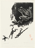Artist: Thorpe, Lesbia. | Title: Parachute jump | Date: 1982 | Technique: woodcut, printed in black ink, from one block